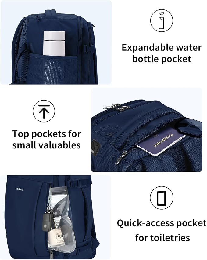 ECOHUB 17'' Travel Backpack, Personal Item Backpack with 13 Pockets, Flight Approved Carry on Backpack with USB Port & Luggage Sleeve, Travel bag for Men & Women, Water Resistant Backpack, Blue | 16.7"x10"x8" Small Backpack with 13 Pockets Water Resist...