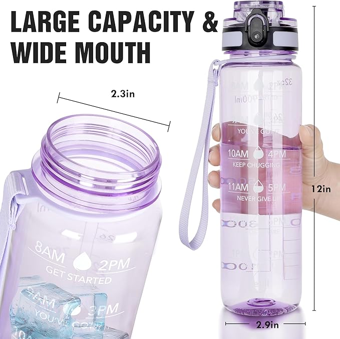 OLDLEY Water Bottle, 32oz Motivational Sports Water Bottle with Time Marker - Times to Drink - Tritan, BPA Free, Wide Mouth Leakproof,Anniversary Birthday Gifts for Men Women, Amethyst (1 Bottle)