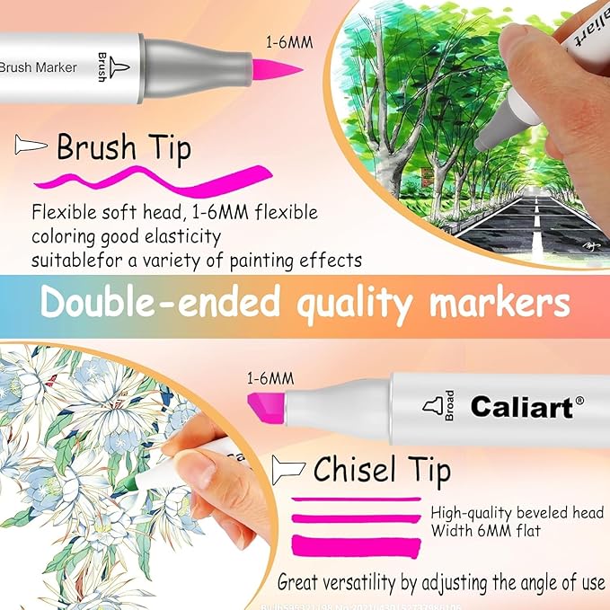 Caliart Pastel Alcohol Markers Brush Tip 61 Colors, Dual Tip Chisel & Brush Set Permanent Art Markers with Case for Artists Adult Coloring Books Illustration Drawing Supplies Gifts, Colorless Blender