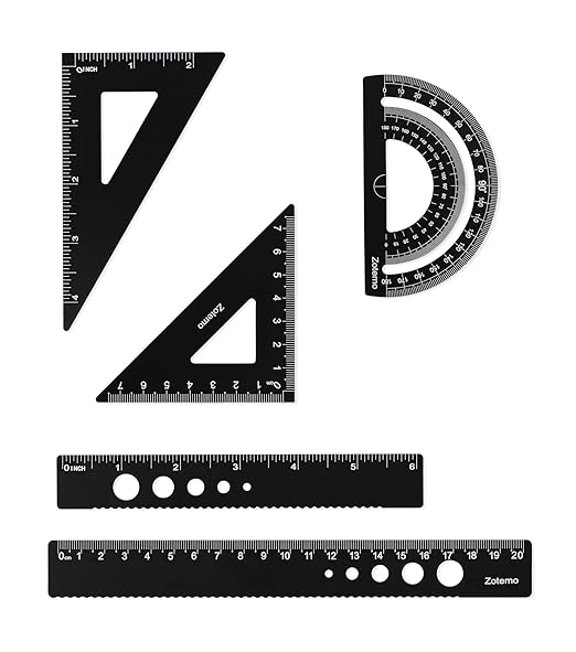 Metal Geometry Set, 5-Piece Aluminum Ruler, Math Drafting Ruler Kit Includes Protractor, Triangle Rulers, Straight Rulers-Math Measurement Tools for School and Office Supplies (Black)