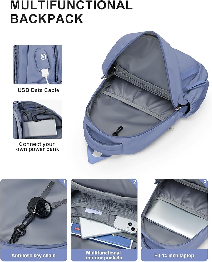 winspansy Simple Cute Backpack for Women Men Waterproof College Bag fit 14 Inch Laptop with USB Charging Port,Violet