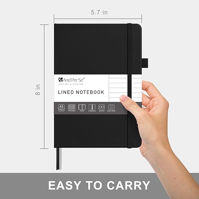 &And Per Se Lined Journal Notebook – A5 5.7”x8” College Ruled, 160 Pages, 100gsm Thick Paper, Journaling Notebooks for Writing (Black)