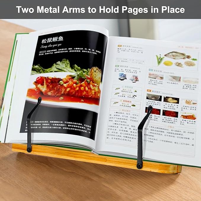 MEGREZ Bamboo Book Stand, 13.2 x 9.4 inch, Foldable Cookbook Holder with 6 Adjustable Heights, Reading Stand for Recipe, Music, Textbook, Tablet, Stay Positive
