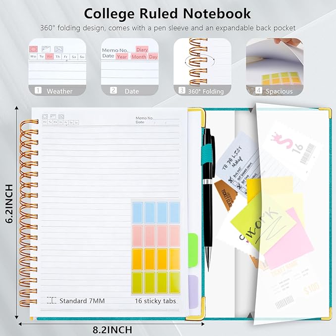 Hardcover Spiral Notebook College Ruled, 6.2"x 8.2" Leather Journal Notebook with Magnetic Closure, 300 Pages 5 Subject Notebook with Dividers Tabs Journal for Women Men, Work, School(Deep Blue)