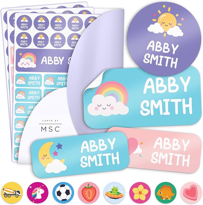 Personalized Daycare Name Labels for Kids, 148 Pack Waterproof Custom Name Stickers for Clothing Tags, Lunch Boxes and School Supplies, Made in USA by MSC - Daydream