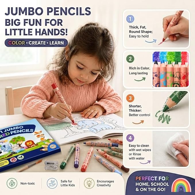 Sparkbright Club Jumbo Colored Pencils for Toddlers Ages 2-4 - 3-in-1 Wooden Pencil, Crayon & Watercolor | 12 Non-Toxic Colors, Break-Resistant 8mm Core, Easy-Grip for Kids & Preschool, Pre-Sharpened
