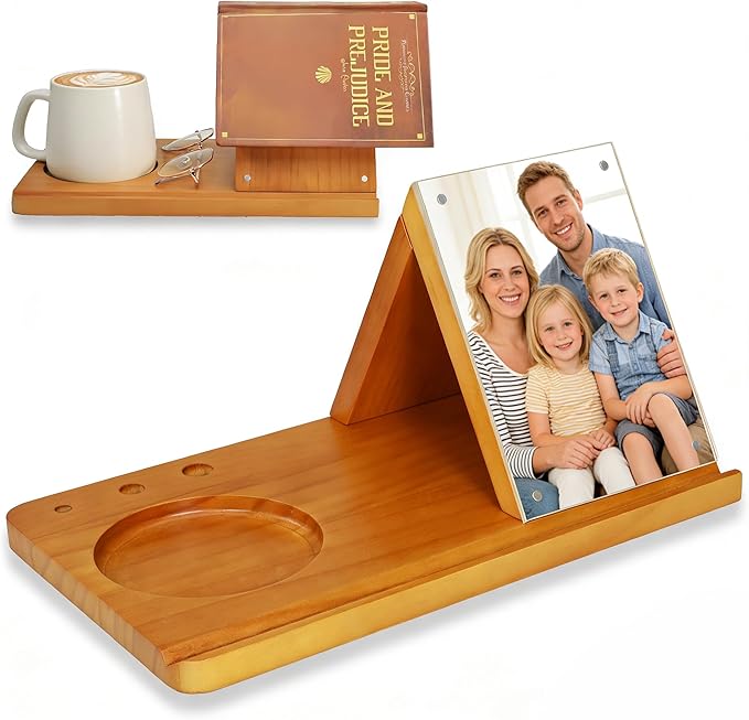 Wooden Triangle Book Stand with Cup Holder 4"x6" Acrylic Picture Frame for Family Frame - Multifunctional Reading Valet Book Rest for Desk, Birthday&Mothers Day Gift for Reader and Book Lovers