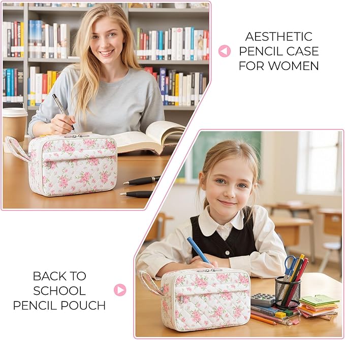 WOBAGMEN Quilted Pencil Pouch for Girls Women, Large Pencil Case Pouch with Compartments Cute Aesthetic Pencil Case Organizer, Floral Pencil Bag for School Supplies (big pink floral)