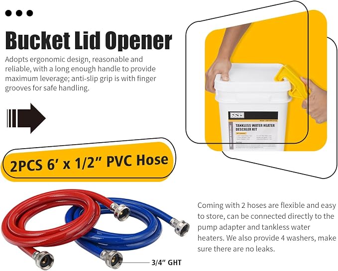 Tankless Water Heater Flushing Kit, 1/6 HP Pump, 2 Hoses, 3 Gal Pail | Complete tankless water heater flushing kit with 1/6 HP pump, two 6 ft hoses, 3 gal pail, adapters, washers and lid opener.