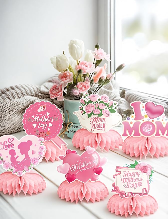 Mothers Day Table Decorations - Mother's Day Decorations Centerpieces for Tables, 9Pcs 3D Best Mom Honeycomb Centerpiece Pink Flower Table Topper for Mother's Party Supplies, Gifts for Mom