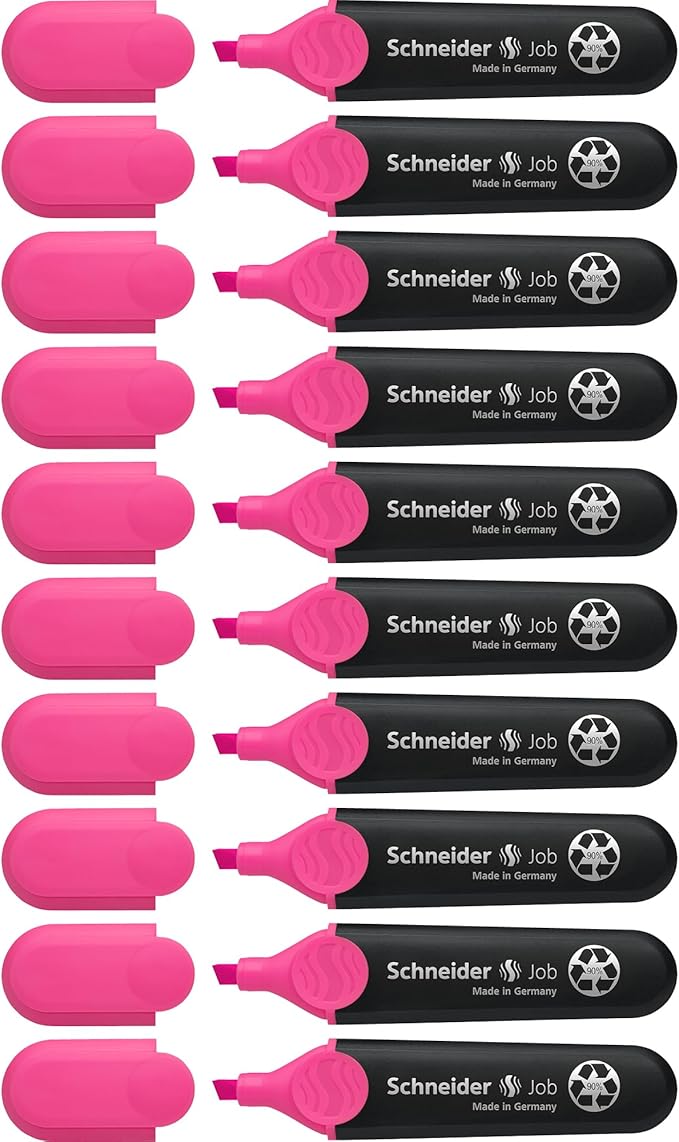 Schneider Job Highlighter, Chisel Tip, 1 + 5 mm, Black Barrel, Pink Ink, Box of 10 Highlighters (1509)