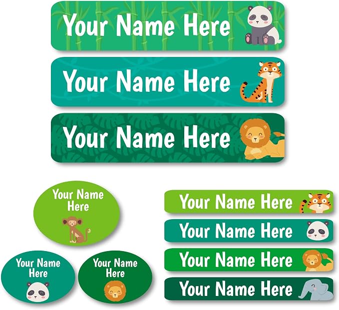 Lovable Labels Personalized Labels for Kids (85 Labels/Pack) - 3 Label Sizes Waterproof Dishwasher Safe Peel & Stick Labels for School Supplies Daycare Camp Clothing Bottles (Welcome to the Jungle)