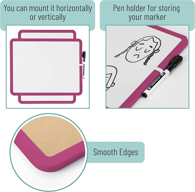 Mr. Pen- Dry Erase Board, 14” x 11” with a Black Dry Erase Marker, Magenta Frame, Small Mini White Board for Students, Fridge, Wall, Locker, Includes Double Sided Tapes