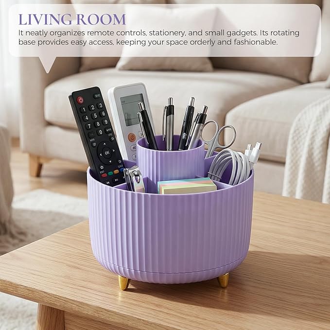 KONVINIT Pencil Pen Holder for Desk, 5 Slots 360-Degree Rotating Desktop Organizer, Cute Desk Organizers and Accessories for School, Home, Office and Art Supply, Purple