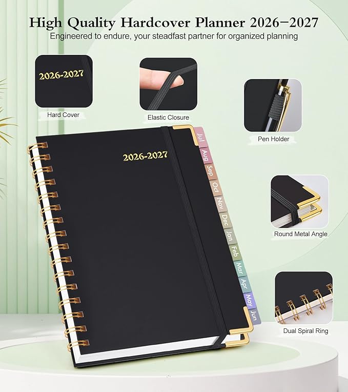 Academic Planner 2026-2027, Hardcover Weekly and Monthly Calendar Planner from July 2026 - June 2027, Daily Agenda Planners with Tabs, College School Organizer for Student Teacher, A5 (6.1" x 8.2"), Black