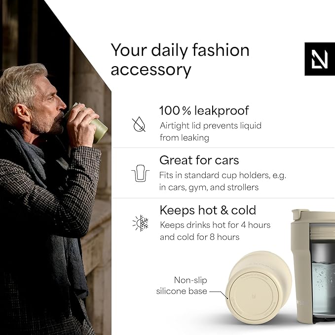 LARS NYSØM Thermo Coffee Mug to go 13oz | Travel Mug 0.38 Liter with Insulation | Silicone grip base | Leak Proof Stainless Steel Tumbler for Coffee and Tea on the Go (Powder Beige, 13oz)