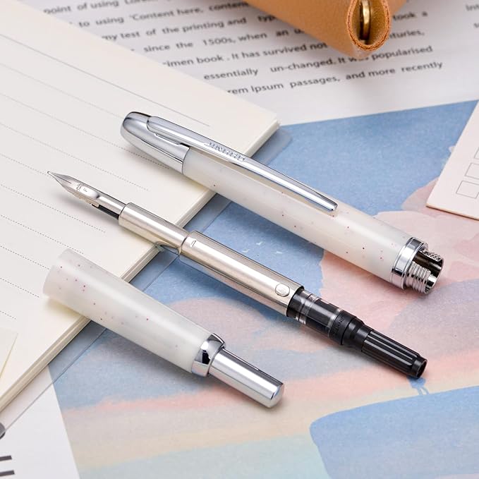 Jinhao 20 Press Fountain Pen, Snow White Retractable Fine Nib with Ink Converter Set (Silver Clip)