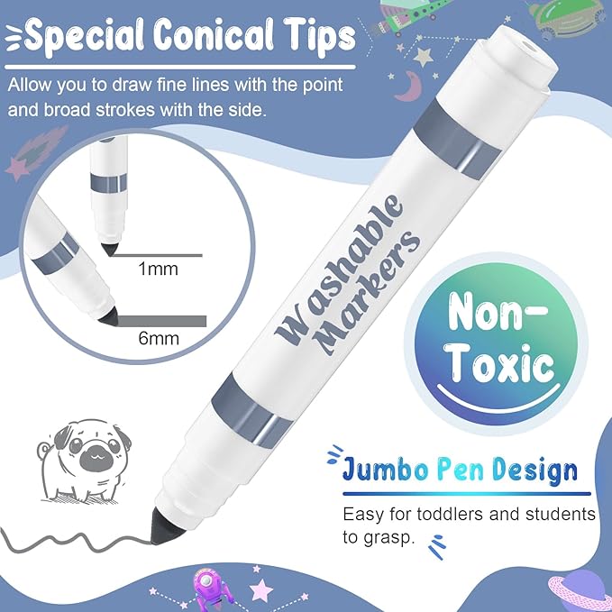 60 Pcs Gray Washable Markers Bulk Coloring Broad Line Markers for Kids Conical Tip Gray Drawing Pens for Classroom Back to School Travel Art Baby Shower Gender Reveal Supplies, Ages 6+