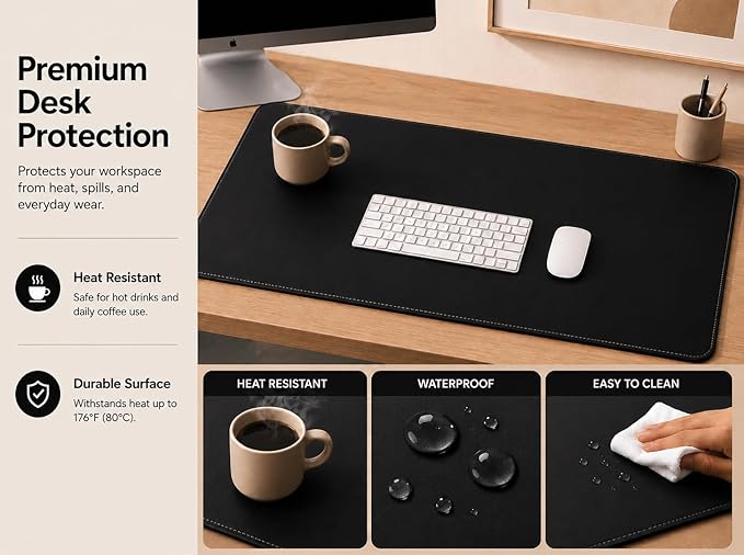 AFIING Leather Desk Pad Protector, Large Mouse Pad, Dual-Sided PU Leather & Natural Cork Desk Mat, Non-Slip Waterproof Laptop Desk Blotter for Office and Home, 23.6" x 13.7", Black