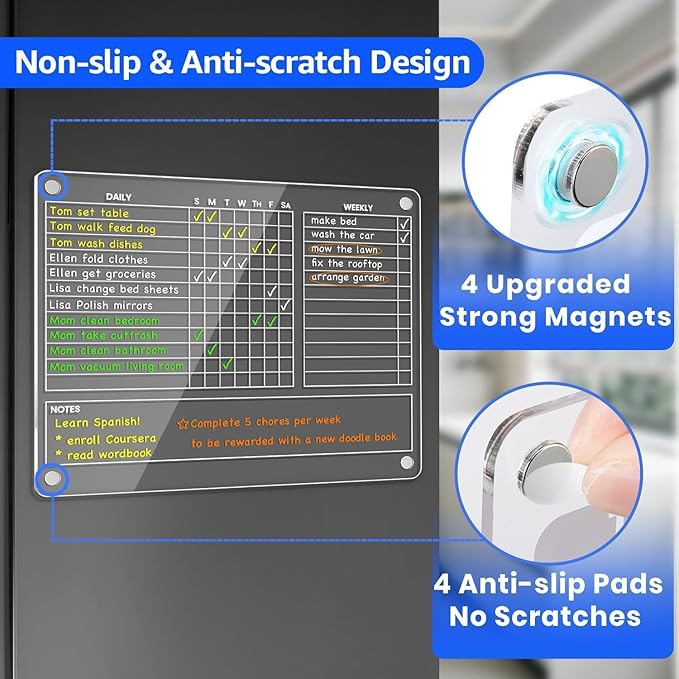 PigPotParty Acrylic Magnetic Chore Chart for Adults, 12x9.5 Inch Clear Dry Erase Chore Board for Fridge, Daily Weekly and Notes Sections, Pre-Installed Embedded Magnets, 8 Fine-tip Markers and Towel