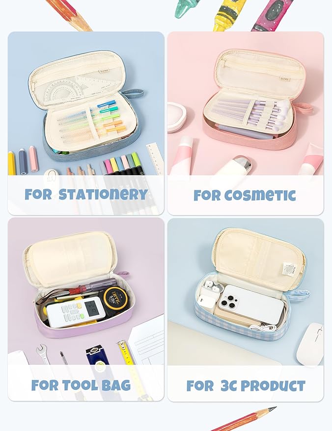 SUNEE Cute Pencil Case, Aesthetic Pen Pouch, Colored Large Pencil Bag with Zipper, Kawaii Stationery Storage and Organizer, School Supplies for Teen and Adult Girls, Blue Checkered