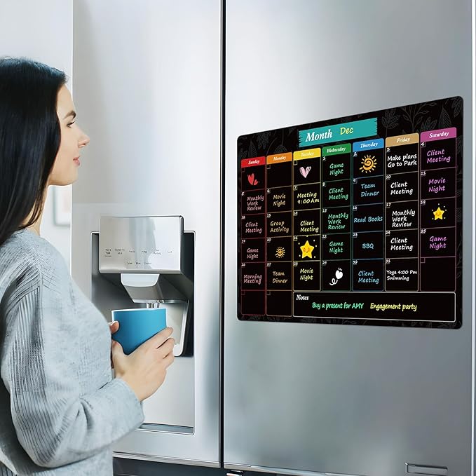 MaxGear Monthly Black Magnetic Calendar for Refrigerator, 16" X 12" Fridge Chalkboard, Magnetic Dry Erase Calendar White Board Planning Board for Fridge with 7 Fine Point Markers,1 Cloth