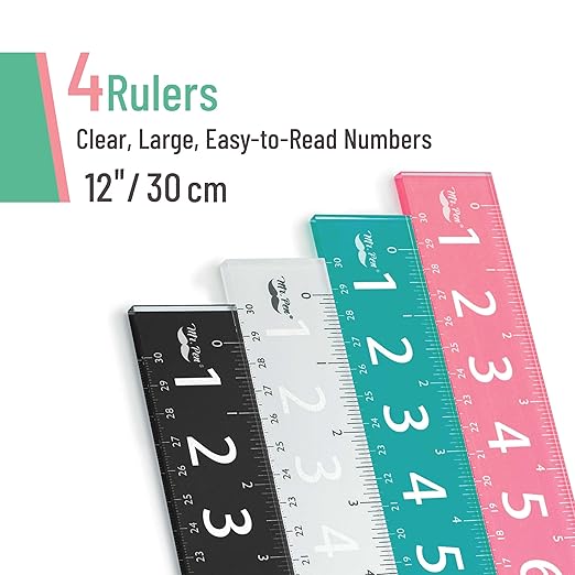 Mr. Pen- Plastic Rulers with Large Numbers, 4 Pack, 12 Inch, Easy-to-Read Markings, Scratch-Resistant Design, Durable Ruler for Crafting Office & School, Colorful Rulers for Kids, School Supplies