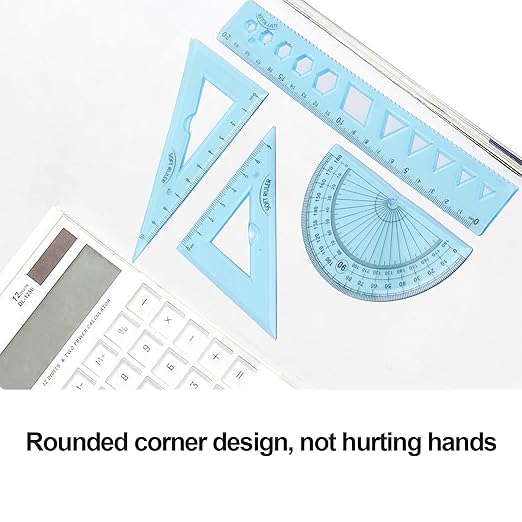 4 Pieces Math Geometry Tool Set Kids Transparent Angle Length Measuring Tools Geometry Set for Kids, Includes Plastic Clear Ruler, Protractor, Triangle for Architects, Engineers