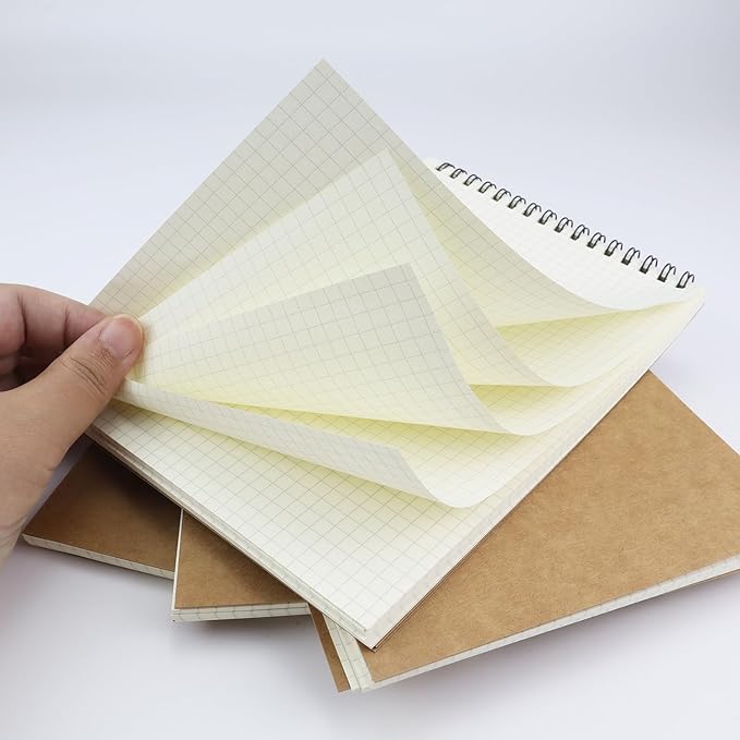 4 Pack Graph Paper Notebook, A5 Top Wirebound Grid Spiral Notebook 5.8" x 8.3",60 Sheets,5mm x 5mm Grid Paper,Grid Notepad for Students, Math, Engineering (Kraft)