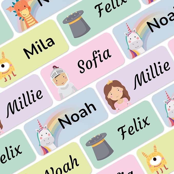 Personalized Name Labels for Kids (70), Custom Daycare Labels - Waterproof Name Stickers for Clothing, Bottles and Other School Supplies (1.2” x 0.5”) - Fantasy