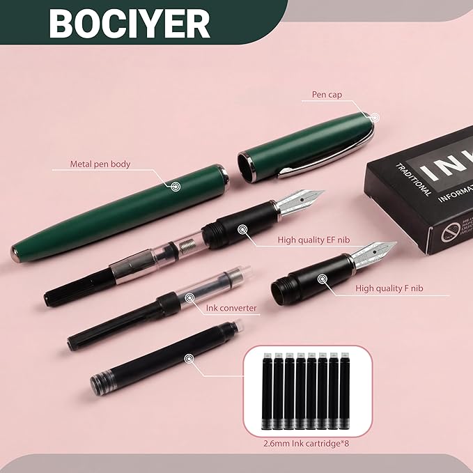 Super Smooth Writing Fountain Pen Set,Includes 2 Hand Polished Iridium Nibs(Fine & Extra Fine),8 Ink Cartridges,2 Ink Refill Converter and Gift Box,Best Pen Gift Set for School,Office(green)