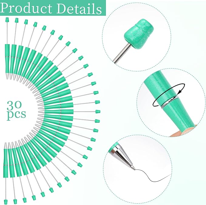 jiebor 30Pcs Beadable Pens Plastic Bead Ballpoint DIY Cute Cool Pens Black Ink for Women Men Bridal Graduation Gift Office Supplies Light Green