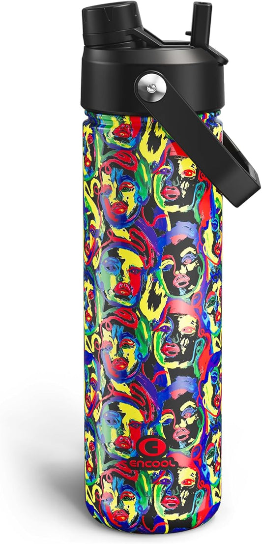 ENCOOL Insulated Water Bottle with Straw Stainless Steel Water Bottle, Leak-Proof, BPA-Free, Double Wall Vacuum Keeps Cold for 24 Hours for Sports, Travel, School (26 oz, Mood Faces)