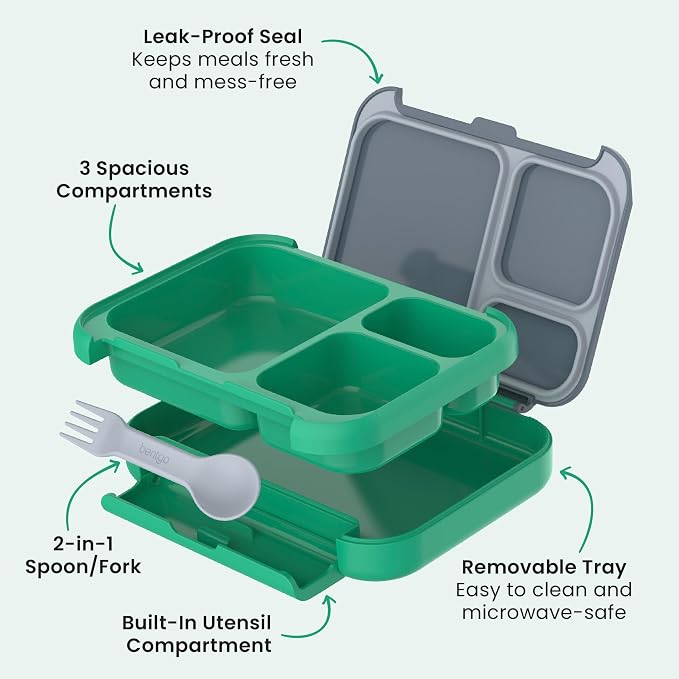 Bentgo Kids Stow & Go Leak-Proof Lunch Box with Built-In Utensil | 3.5-Cup Capacity, Removable Tray, Portion-Perfect Compartments for Kids and Teens, 2-in-1 Spoon & Fork (Gray Leaf)