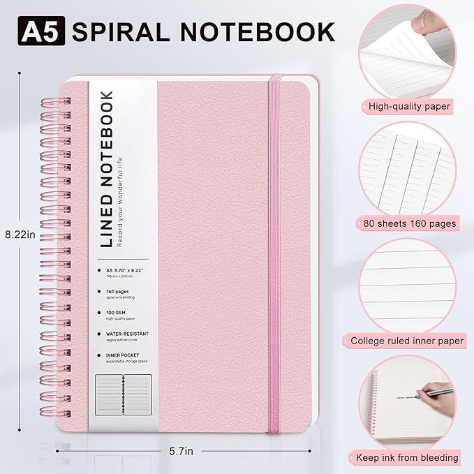 ABERLLS Lined Spiral Journal Notebook with 160 Pages, 8×5.7in, A5 Spiral Notebook, Journaling Notebooks for Work, School, Women, Men, College Ruled Spiral Notebook, Hardcover Leather Journals, Pink