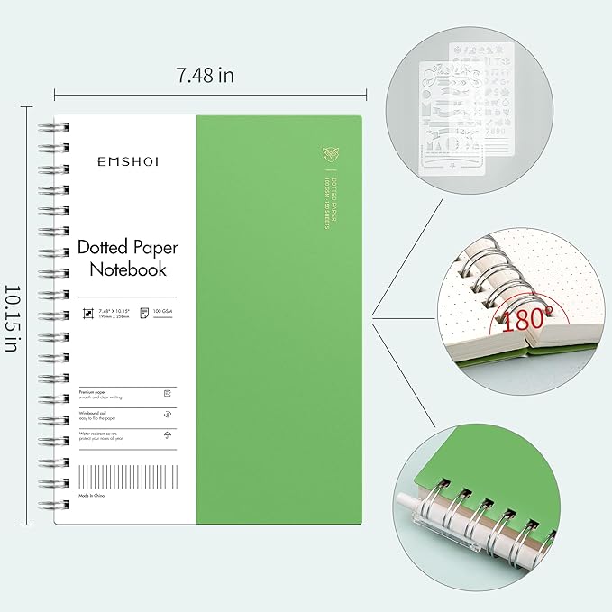 EMSHOI Dotted Journal Spiral Notebook, 300 Pages, B5 Large 7.48"x10.15", 100 GSM Thick Paper, Flexible Plastic Cover, 5mm Dot Grid Notebook for Journaling, Planning, Drawing, Writing, Green