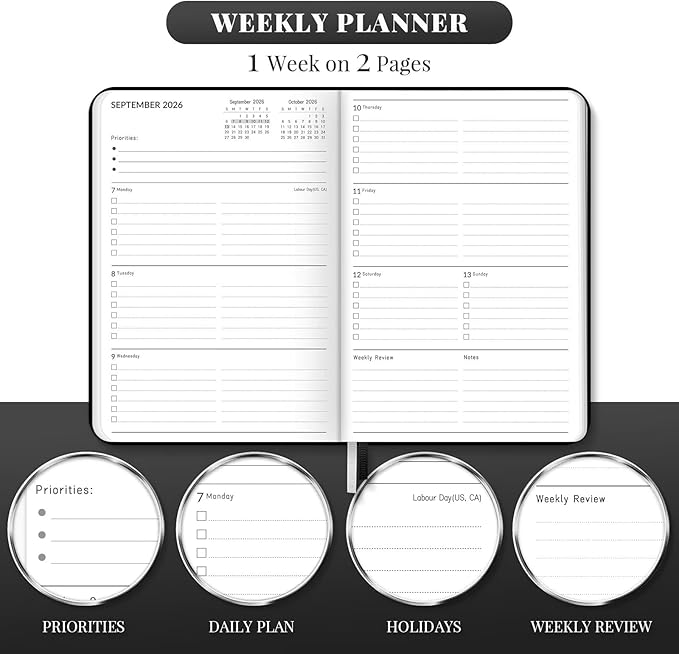 Lonely Oak Academic Planner 2026-2027, A5 Daily Weekly and Monthly Planner 5.75" x 8.4", 13 Months Faux Leather School Year Agenda from Jul.2026 to Jul.2027 for Student and Teacher (Black)