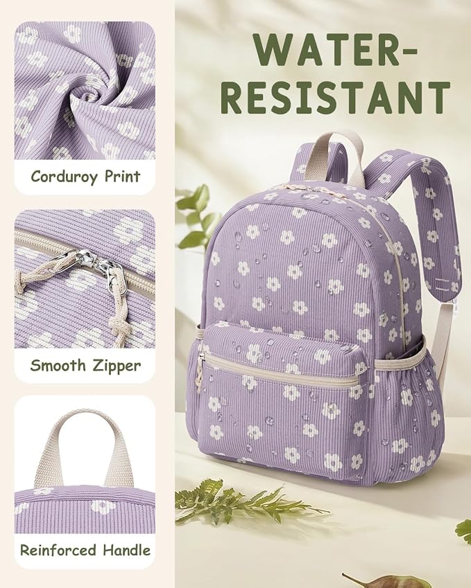 Corduroy Kids Backpack for Boys Girls Ages 5-8 | 15 Inch Water-Resistant Lightweight School Bookbag for kindergarten and Elementary, 1st-3rd grade(Large,Purple Floral)