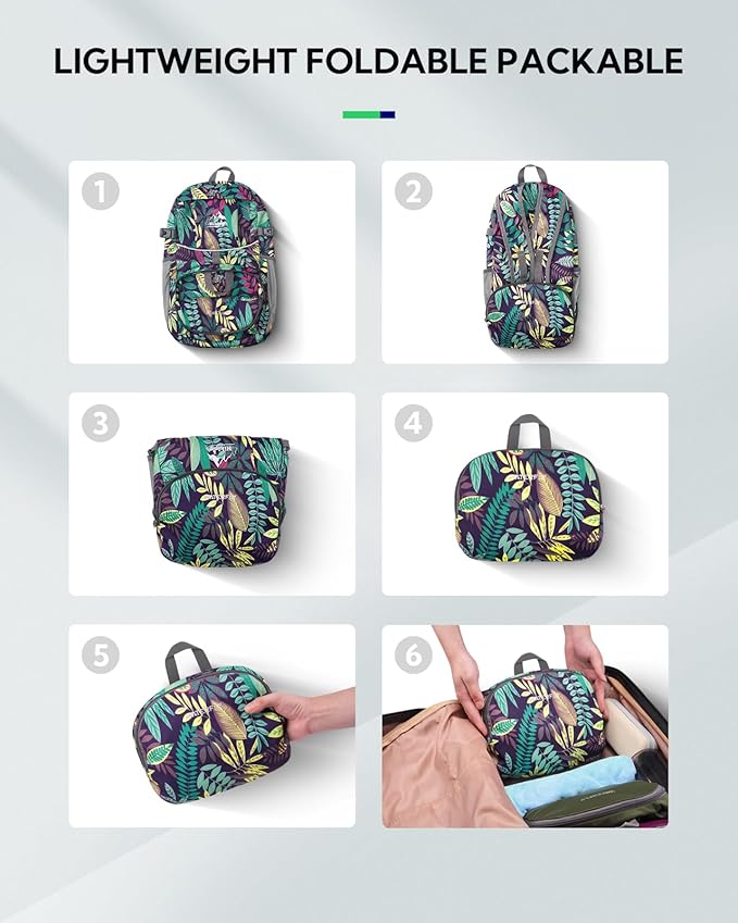 WATERFLY Hiking Packable Daypack Backpack: 25L Ultra Lightweight Day Pack for Women Men - Small Compact Folding Back Pack for Outdoor Sport Cycling Camping Travel Trip - Print
