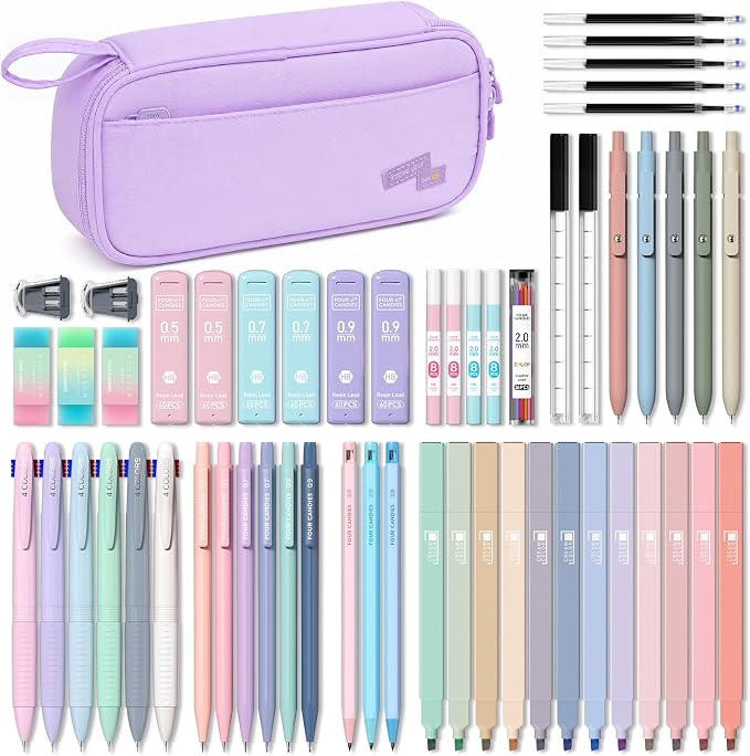 Four Candies 56 PCS School Supplies with Cute Pencil Case (Light Purple) | 6 Multicolor Pens, 12 Pastel Highlighters, 5 Black Gel Pens, 9 Mechanical Pencils, Student Stationery Set College Essentials