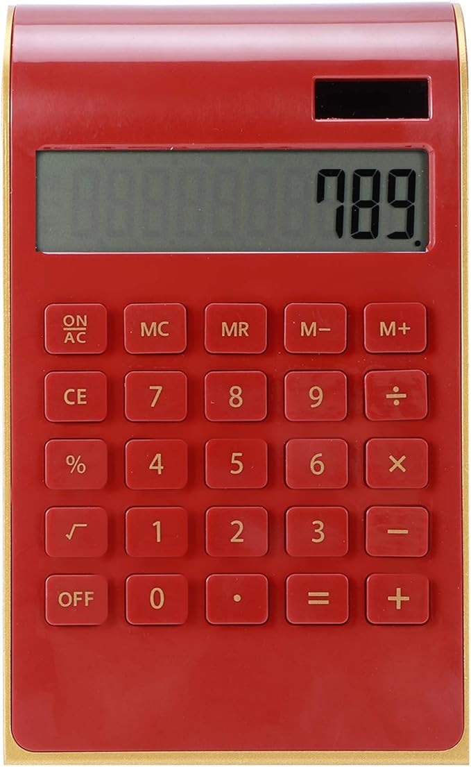 Portable 10 Digits Calculator Tilted LCD Display Ultra Thin Solar Power Calculator for Home Office Business(Red)