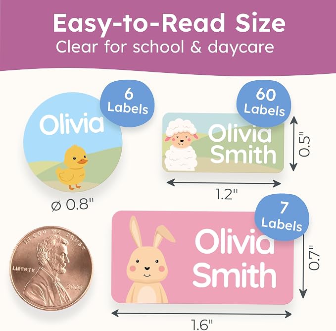 Personalized Daycare Name Labels for Kids [70pcs, Cozy Farm] - Waterproof Name Stickers for School, Baby Bottles & Clothing - Custom Name Stickers - Washable Stick On Labels (Various Sizes)