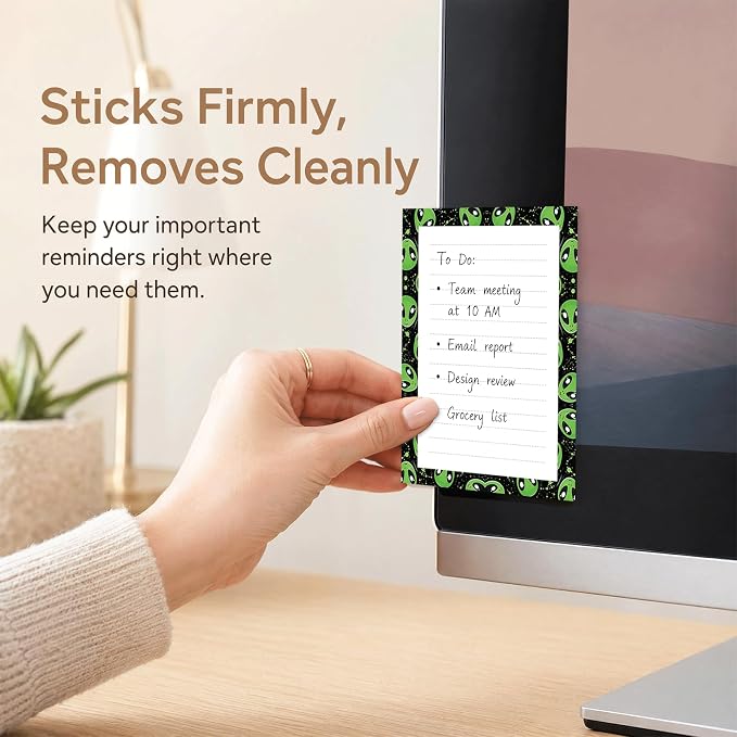 Lined Sticky Notes 4x6 in, 2 Pack Large Cute Notepads with Lines, Bright Post Memo Note Pads Big Rectangular Sticky Notes for Office Green Cute Aliens