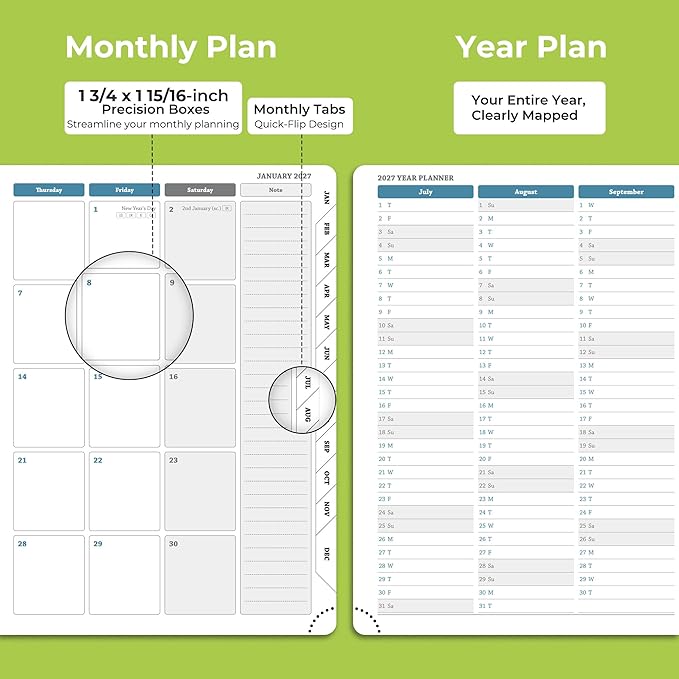 Weekly Monthly 2026-2027 Planner (July 26-Dec 27),11.5"x8.5",18 Months Agenda Plan with Month Tabs & Pocket,Expenses/Note Pages, Academic Calendar with Vegan Leather Cover,Wasabi Green