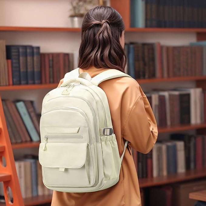 Aesthetic Daypack Backpack, Water-Resistant 15.6" Laptop Backpack for Women and Men, Featuring Touch-Fastener and Anti-Theft Pockets (White)