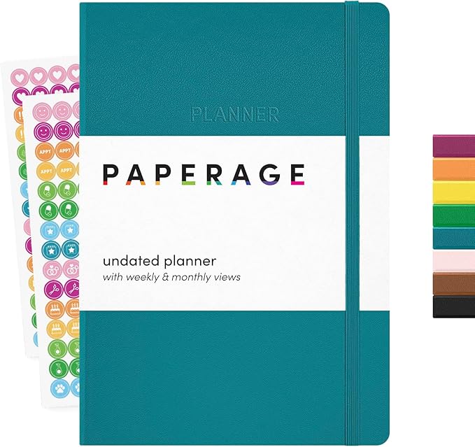 PAPERAGE Undated Weekly & Monthly Hardcover Planner (Turquoise), 5.6 in x 8 in, Includes Lined Note Pages & 2 Sticker Sheets