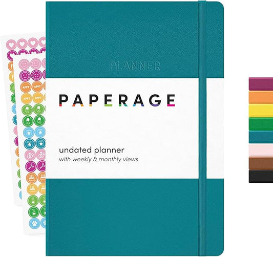 PAPERAGE Undated Weekly & Monthly Hardcover Planner (Turquoise), 5.6 in x 8 in, Includes Lined Note Pages & 2 Sticker Sheets