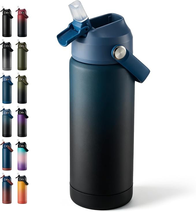 Fijinhom 18 oz Insulated Water Bottle with Straw Lid, Stainless Steel Water Bottles, Double Wall Vacuum, Portable Handle & Non-slip Bottom, BPA Free Leak Proof Metal Bottles, Keep Cold 24H, Blue/Black