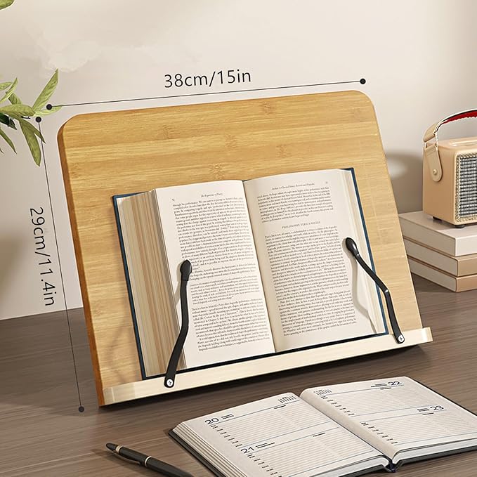 Wood Book Stand for Reading Hands Free, 8 Adjustable Recipe Cookbook Holder with Page Holder Clips Ergonomic Stand for Cookbooks, Receipe Books, Textbooks, Tablets, Music Books, Documents.