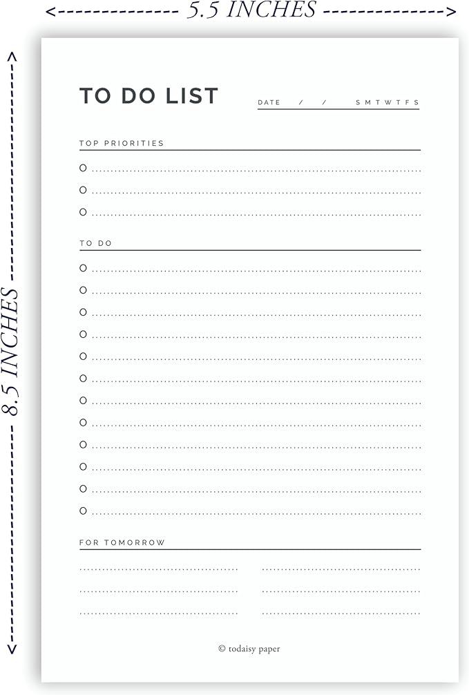 To Do List Planning Pad 5.5 x 8.5" Notepad with Task Organizer includes sections for Top Priorities, To Do List and Follow up For Tomorrow. 50 tear off sheets by Todaisy Paper.